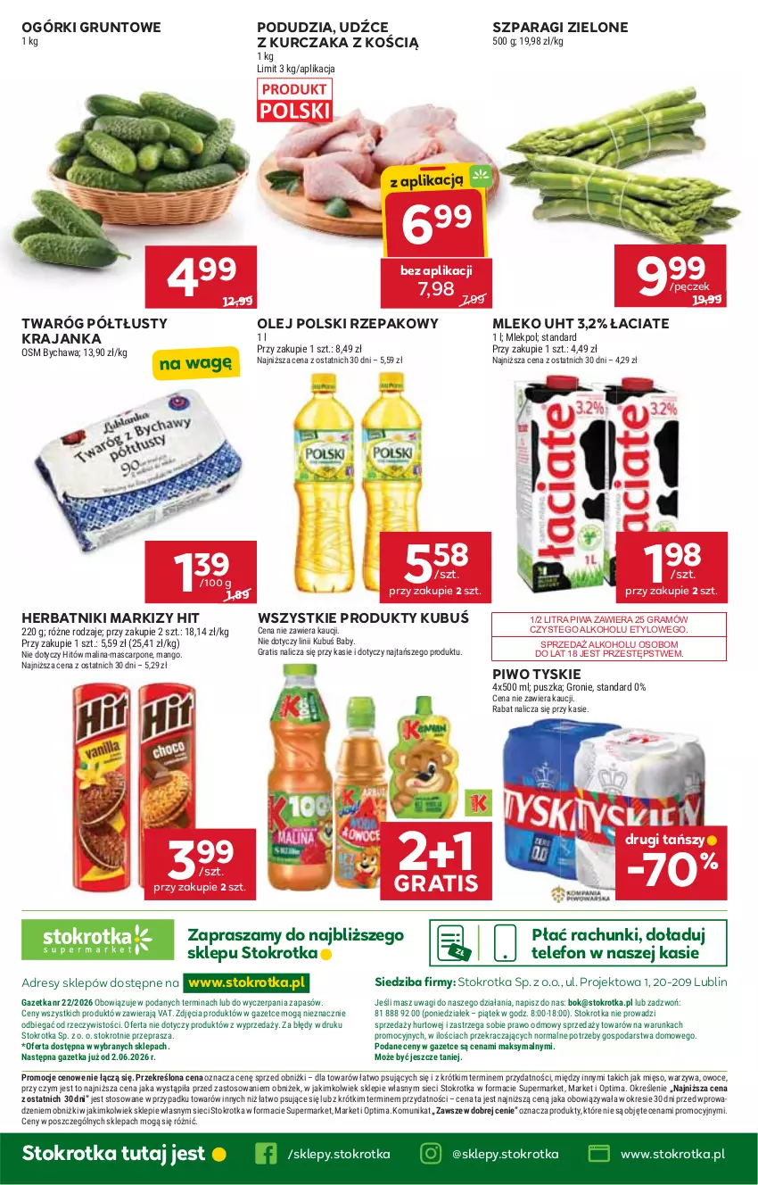Gazetka promocyjna Stokrotka - Supermarket - ważna 28.05 do 01.06.2026 - strona 43 - produkty: Dres, Gra, Grunt, Herbatniki, JBL, Kubuś, Kurczak, Mango, Mascarpone, Mięso, Mleko, O nas, Olej, Optima, Owoce, Piwa, Piwo, Telefon, Twaróg, Twaróg półtłusty, Tyskie, Wagi, Warzywa