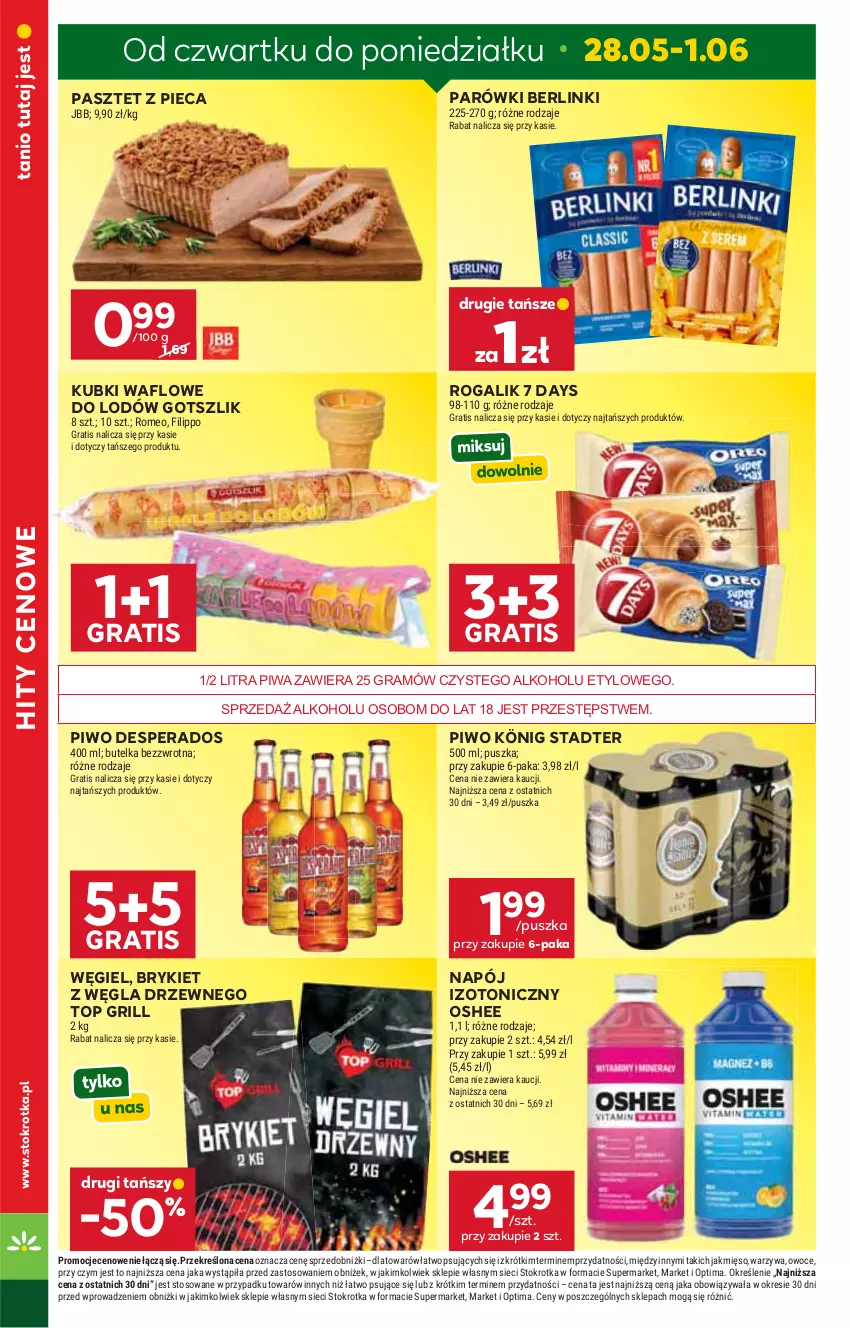 Gazetka promocyjna Stokrotka - Supermarket - ważna 28.05 do 01.06.2026 - strona 6 - produkty: 7 Days, Berlinki, Desperados, Gra, Grill, König, Mięso, Napój, Napój izotoniczny, Optima, Oshee, Owoce, Parówki, Pasztet, Piec, Piwa, Piwo, Rogal, Top, Warzywa
