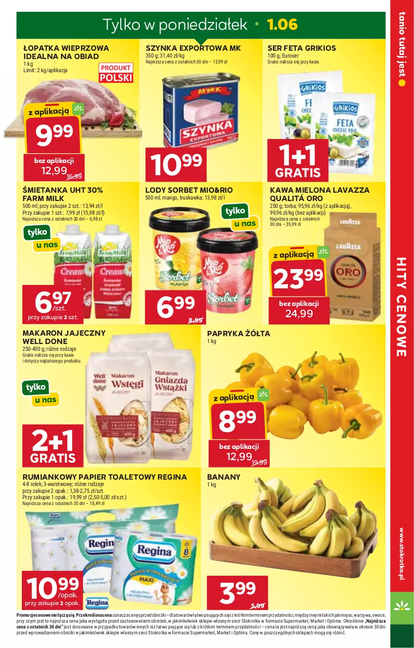 Gazetka promocyjna Stokrotka - Supermarket - ważna 28.05 do 01.06.2026 - strona 7 - produkty: Banany, Fa, Farm Milk, Feta, Gin, Gra, Kawa, Kawa mielona, Lavazza, Lody, Makaron, Mango, Mięso, Optima, Owoce, Papier, Papier toaletowy, Papryka, Papryka żółta, Por, Rum, Ser, Szynka, Torba, Warzywa