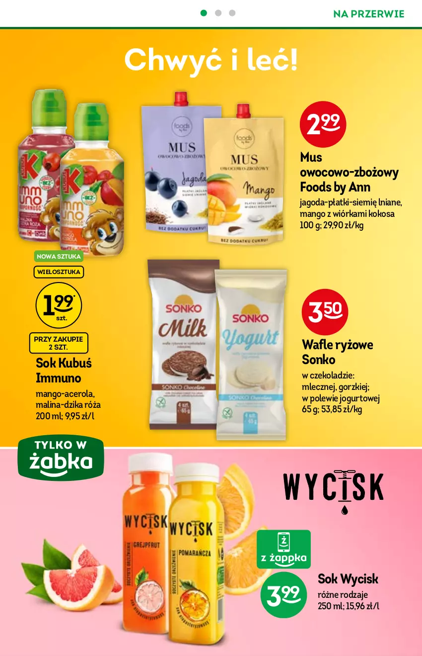 Gazetka promocyjna Żabka - ważna 15.09 do 21.09.2021 - strona 18 - produkty: Acer, Dzika róża, Jogurt, Kokos, Kubuś, Mango, Mus, Róża, Ryż, Sok, Sonko, Wafle