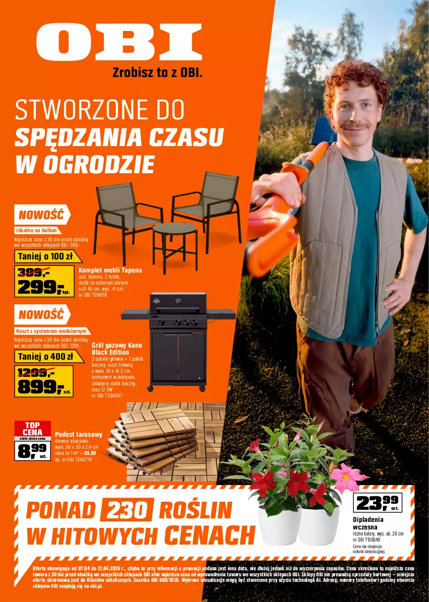 Gazetka promocyjna Obi - Gazetka OBI - ważna 07.04 do 21.04.2026 - strona 1 - produkty: Dres, Fotel, Grill, Grill gazowy, Lack, Stolik, Telefon, Termometr, Top