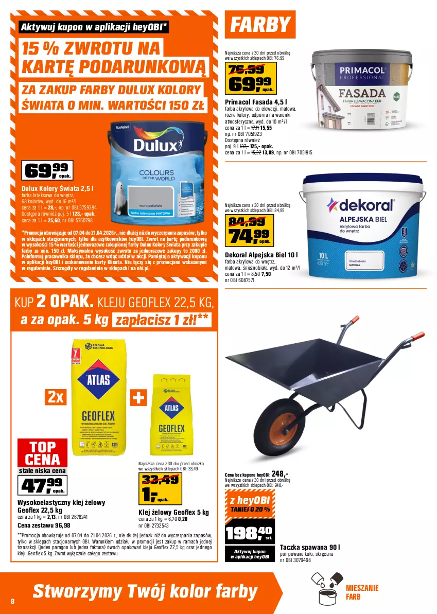 Gazetka promocyjna Obi - Gazetka OBI - ważna 07.04 do 21.04.2026 - strona 8 - produkty: Dekoral, Drzwi, Drzwi zewnętrzne, Dulux, Fa, Farba akrylowa, Farba lateksowa, Geoflex, Gra, Klamka, Klej, Lakier, Mięta, Por, Prima, Rama, Skrzydło drzwiowe, Sok, Sos, Top, Tran