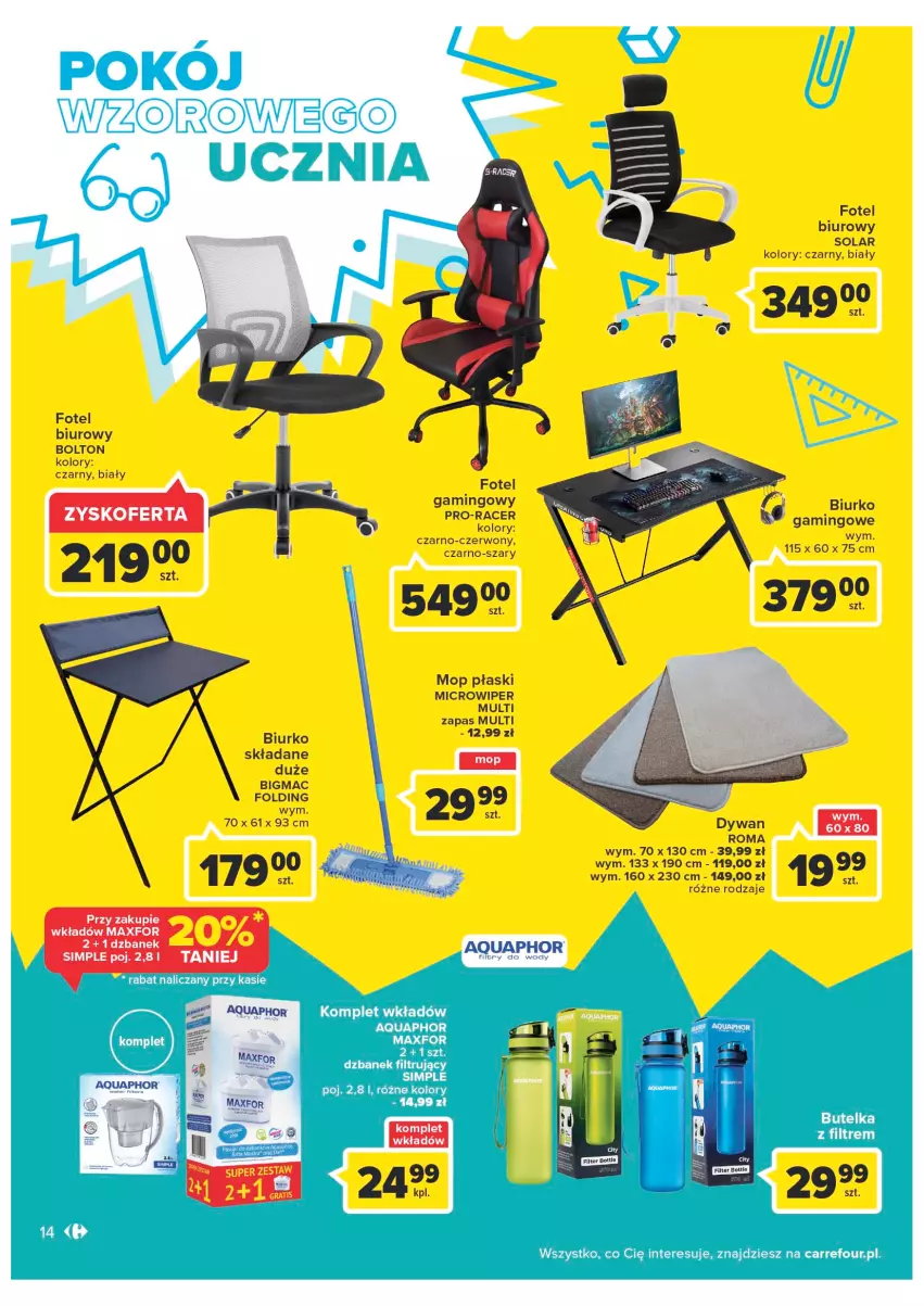 Gazetka promocyjna Carrefour - Gazetka Szalona 5 Carrefour Suwałki - ważna 02.08 do 13.08.2022 - strona 14 - produkty: Acer, Aquaphor, Biurko, Biuro, Dywan, Dzbanek, Fotel, Fotel gamingowy, Mop