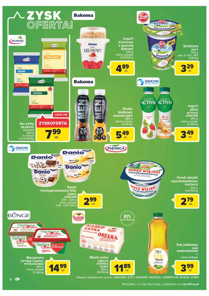 Gazetka promocyjna Carrefour - Gazetka Szalona 5 Carrefour Suwałki - ważna 02.08 do 13.08.2022 - strona 6 - produkty: Activia, Bakoma, Danone, Gra, Jogurt, Margaryna, Masło, Optima, Optima Cardio, Piątnica, Ser, Serek, Serek wiejski, Sok, Sok jabłkowy, Zott