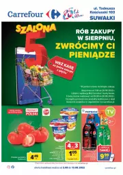 Gazetka promocyjna Carrefour - Gazetka Szalona 5 Carrefour Suwałki - Gazetka - ważna od 13.08 do 13.08.2022 - strona 1 - produkty: 7up, Szal, Mirinda, Kosz, Olej, Pomidory, LG