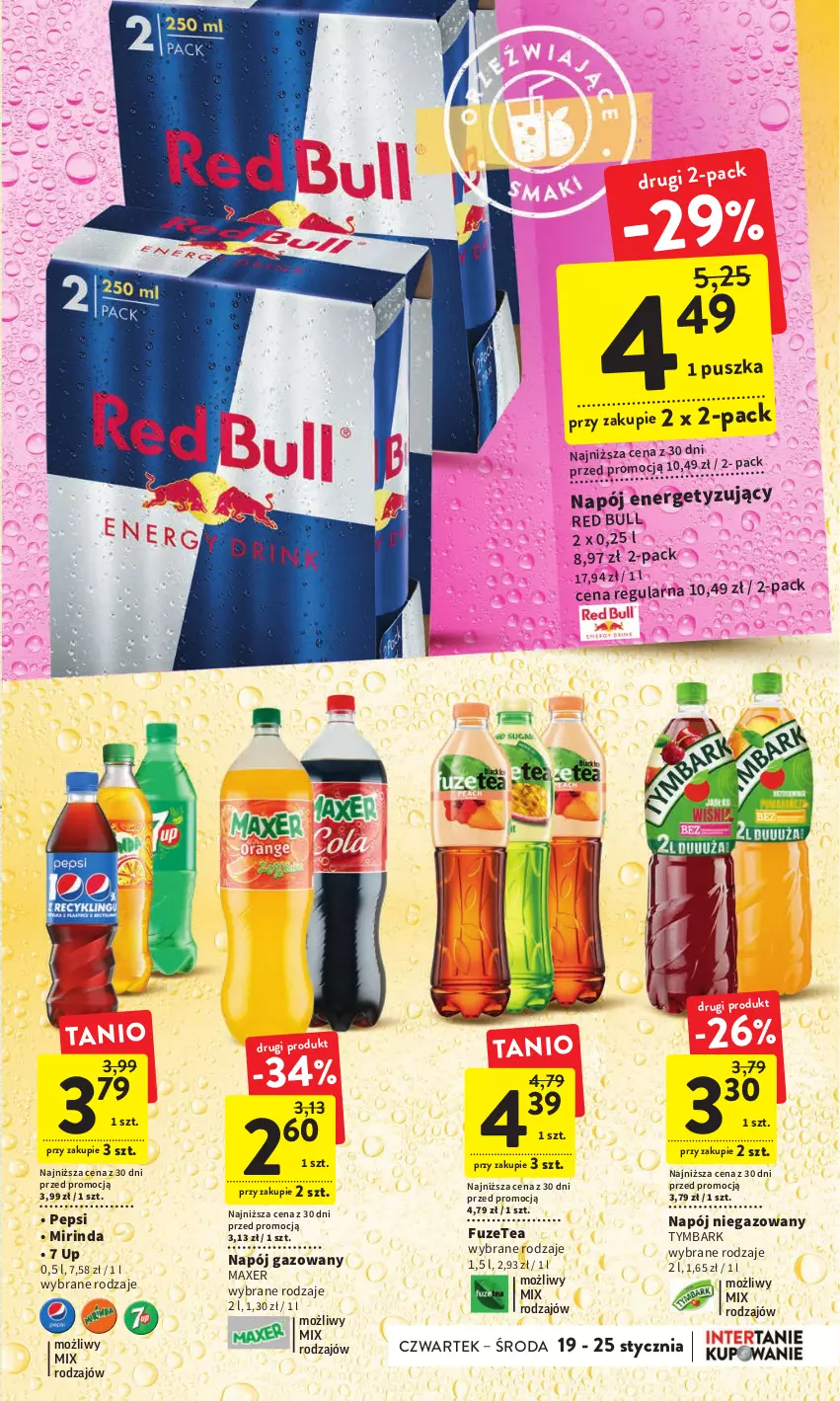 Gazetka promocyjna Intermarche - Gazetka Intermarche - ważna 19.01 do 25.01.2023 - strona 33 - produkty: Maxer, Mirinda, Napój, Napój gazowany, Napój niegazowany, Pepsi, Red Bull, Tymbark