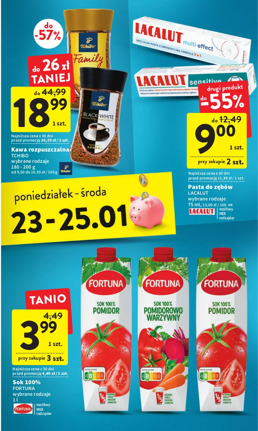 Gazetka promocyjna Intermarche - Gazetka Intermarche - ważna 19.01 do 25.01.2023 - strona 39 - produkty: Fortuna, Kawa, Kawa rozpuszczalna, Lacalut, Pasta do zębów, Sok, Tchibo