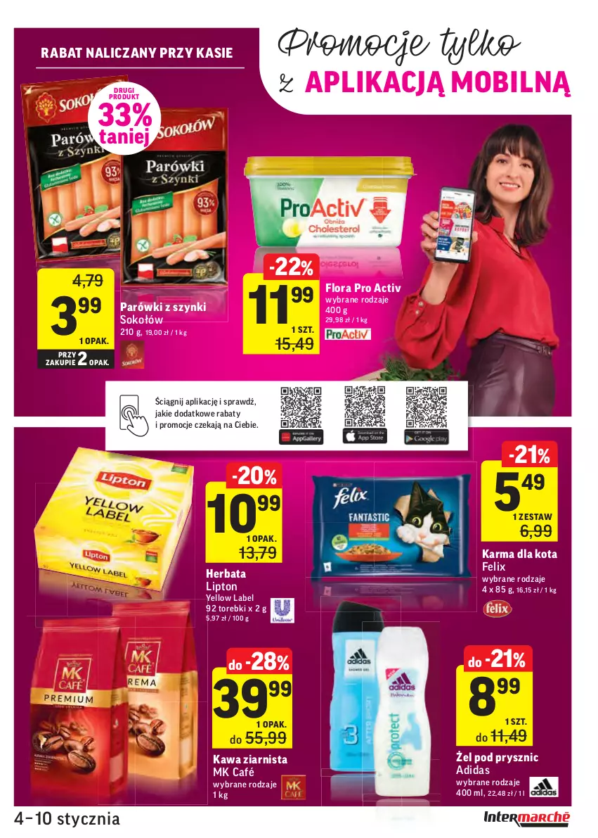 Gazetka promocyjna Intermarche - Gazetka promocyjna - ważna 04.01 do 10.01.2022 - strona 17 - produkty: Adidas, Felix, Flora, Herbata, Kawa, Kawa ziarnista, Lipton, Mobil, Parówki, Parówki z szynki, Sok, Sokołów