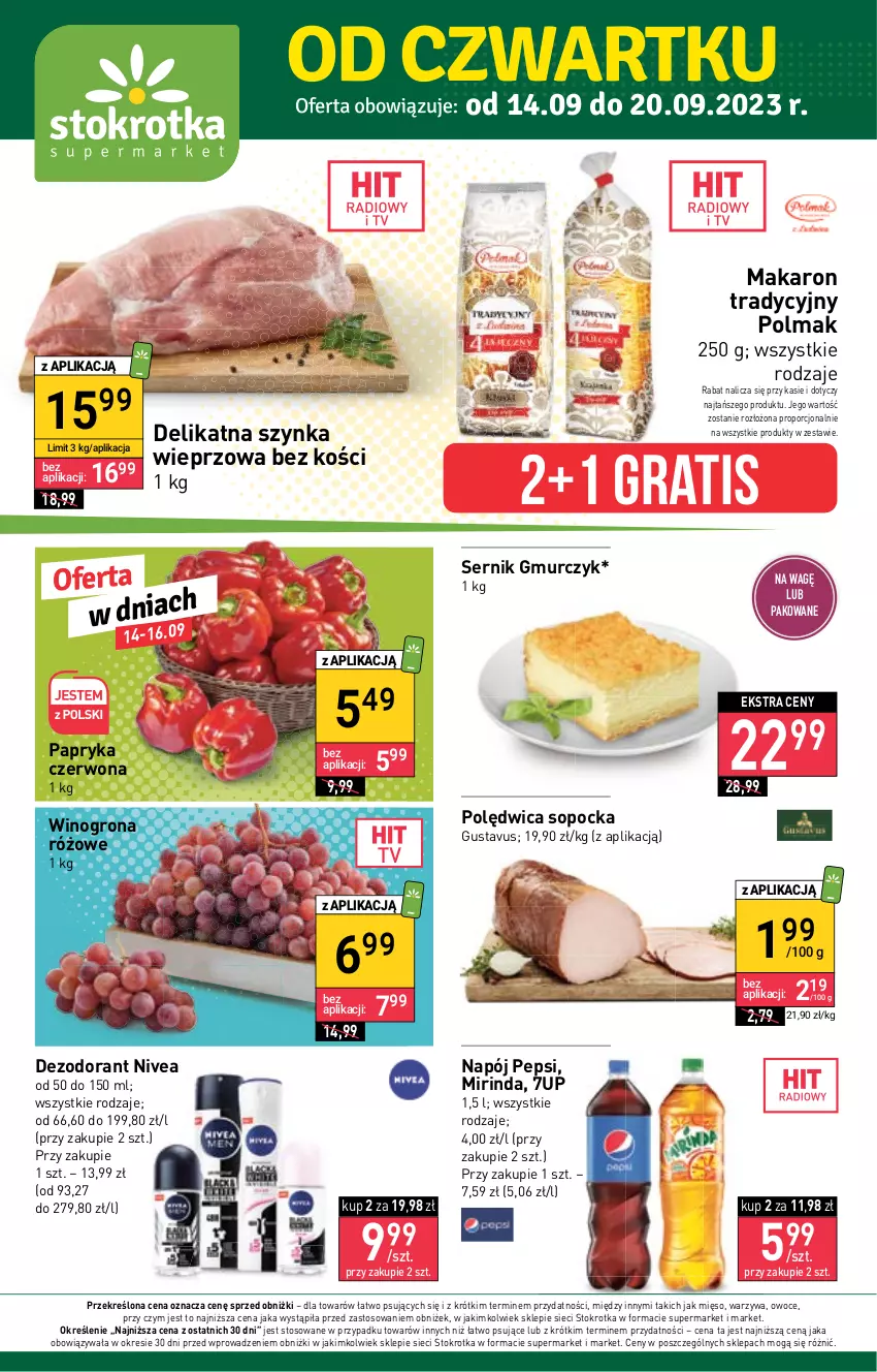 Gazetka promocyjna Stokrotka - Supermarket - ważna 14.09 do 20.09.2023 - strona 1 - produkty: 7up, Dezodorant, Gra, Makaron, Mięso, Mirinda, Napój, Nivea, Olma, Owoce, Papryka, Papryka czerwona, Pepsi, Polędwica, Por, Ser, Szynka, Szynka wieprzowa, Warzywa, Wino, Winogrona