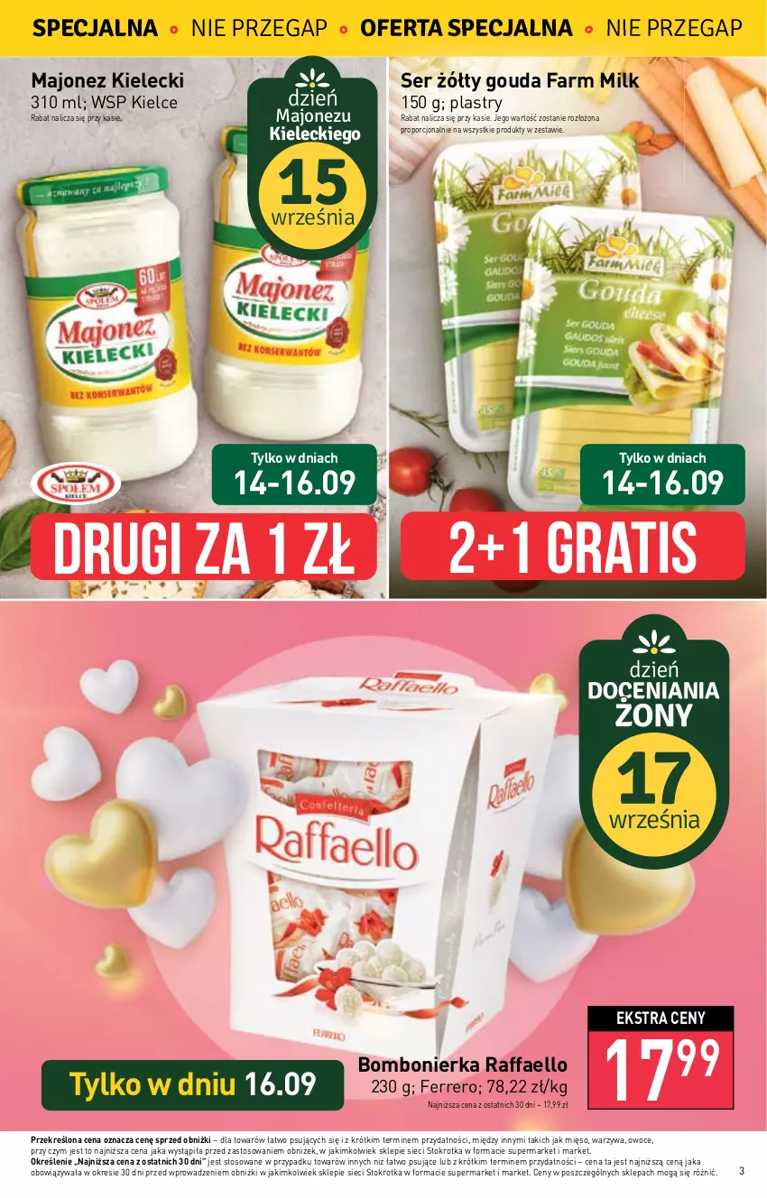 Gazetka promocyjna Stokrotka - Supermarket - ważna 14.09 do 20.09.2023 - strona 3 - produkty: Fa, Farm Milk, Ferrero, Gouda, Gra, Majonez, Mięso, Owoce, Por, Raffaello, Ser, Warzywa