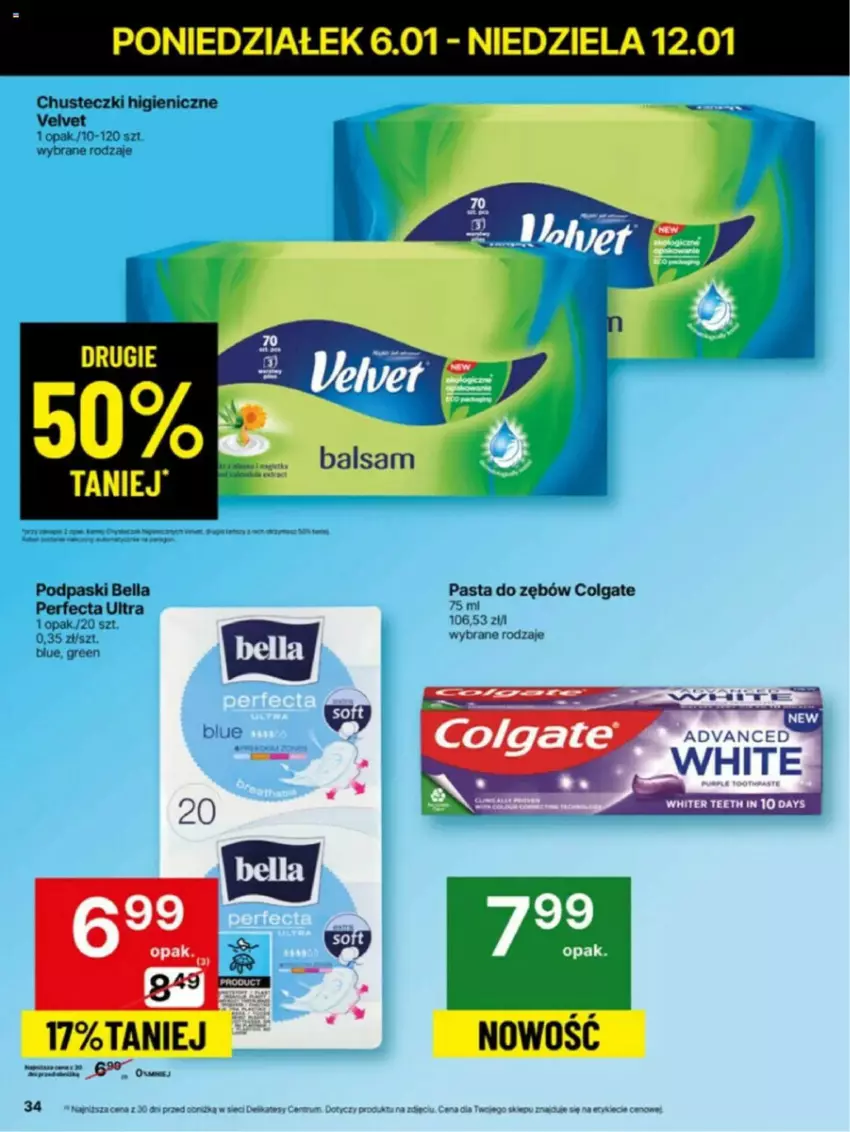 Gazetka promocyjna Delikatesy Centrum - ważna 06.01 do 12.01.2025 - strona 28 - produkty: Bell, Bella, Chusteczki, Colgate, LG, Pasta do zębów, Perfecta, Podpaski, Velvet