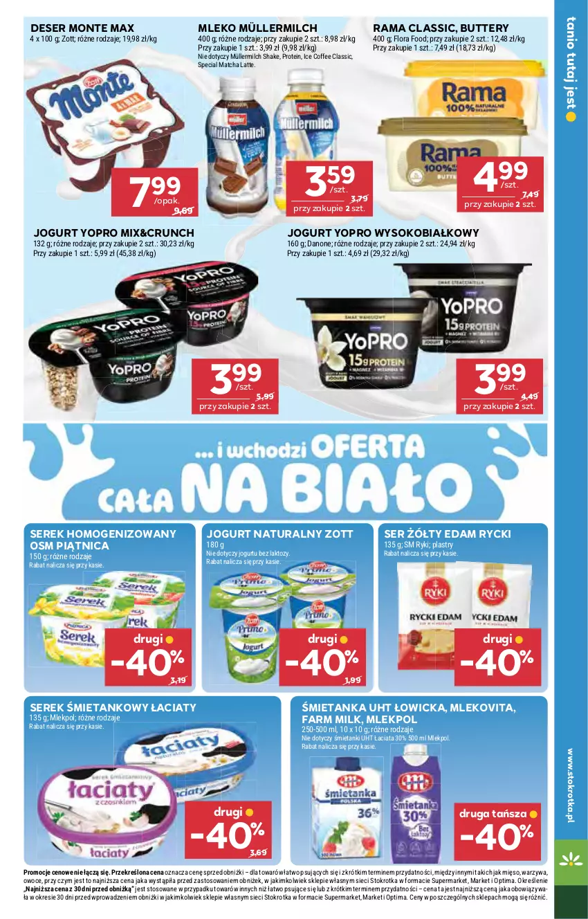 Gazetka promocyjna Stokrotka - Market - ważna 22.10 do 28.10.2026 - strona 19 - produkty: Danone, Deser, Edam, Fa, Farm Milk, Flora, Jogurt, Jogurt naturalny, Mięso, Mleko, Mlekovita, Monte, Müller, Müllermilch, Optima, Owoce, Piątnica, Rama, Ser, Serek, Serek homogenizowany, Sok, Warzywa, Zott