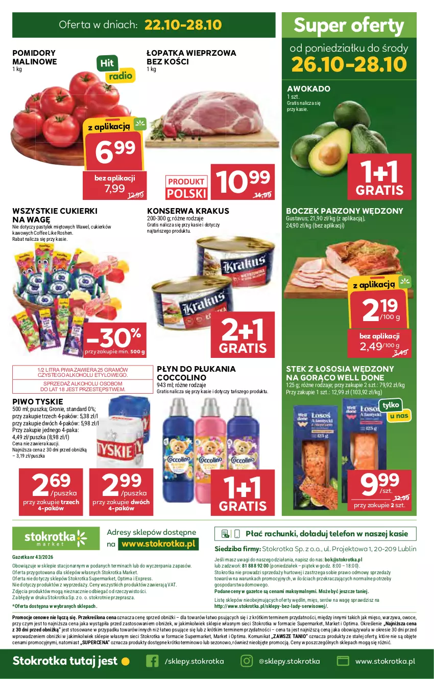 Gazetka promocyjna Stokrotka - Market - ważna 22.10 do 28.10.2026 - strona 44 - produkty: Boczek, Coccolino, Cukier, Cukierki, Dres, Gra, Krakus, Mięso, O nas, Optima, Owoce, Piwa, Piwo, Płyn do płukania, Pomidory, Ser, Sos, Stek, Telefon, Tyskie, Wagi, Warzywa, Wawel