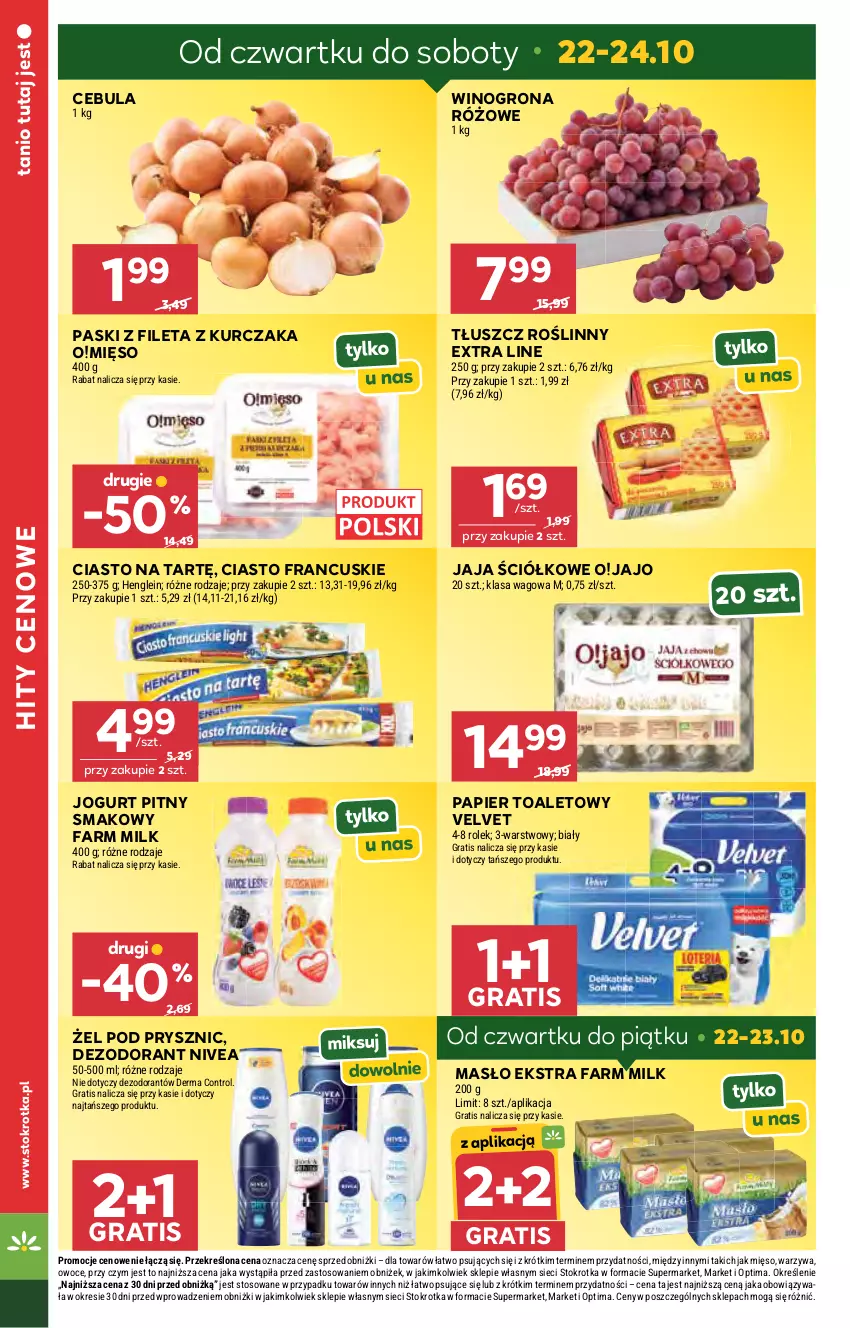 Gazetka promocyjna Stokrotka - Market - ważna 22.10 do 28.10.2026 - strona 6 - produkty: Cebula, Ciasto francuskie, Control, Dezodorant, Fa, Farm Milk, Gra, Jaja, Jogurt, Jogurt pitny, Kurczak, Masło, Mięso, Nivea, Optima, Owoce, Papier, Papier toaletowy, Tłuszcz roślinny, Velvet, Warzywa, Wino, Winogrona
