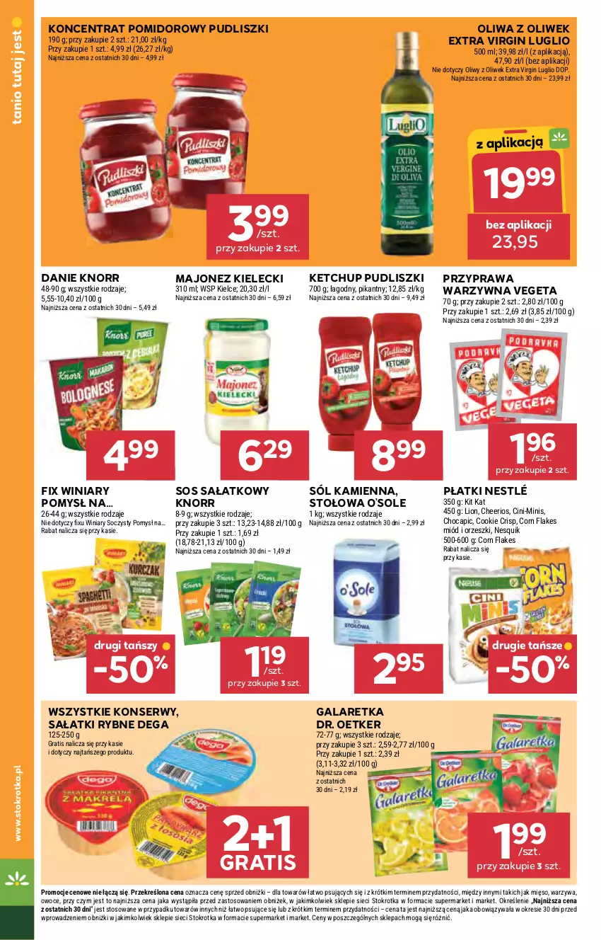 Gazetka promocyjna Stokrotka - Market - ważna 13.08 do 20.08.2025 - strona 16 - produkty: Cheerios, Corn flakes, Dega, Dr. Oetker, Gala, Galaretka, Gin, Gra, Ketchup, Kit Kat, Knorr, Koncentrat pomidorowy, Lion, Majonez, Mięso, Miód, Nesquik, Nestlé, Oliwa, Oliwa z oliwek, Orzeszki, Owoce, Pudliszki, Sałat, Ser, Sól, Sos, Vegeta, Warzywa, Winiary