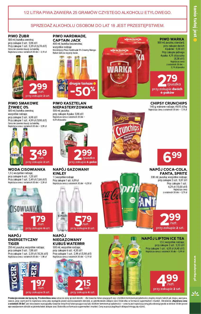 Gazetka promocyjna Stokrotka - Market - ważna 13.08 do 20.08.2025 - strona 19 - produkty: Captain Jack, Chipsy, Cisowianka, Coca-Cola, Crunchips, Fa, Fanta, Gra, Ice tea, Kasztelan, Kubuś, Kubuś Waterrr, Lipton, Mango, Mięso, Napój, Napój energetyczny, Napój gazowany, Napój niegazowany, Owoce, Piwa, Piwo, Sprite, Tiger, Warka, Warzywa, Woda