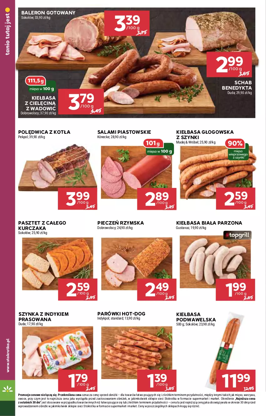 Gazetka promocyjna Stokrotka - Market - ważna 13.08 do 20.08.2025 - strona 8 - produkty: Duda, Kiełbasa, Kiełbasa biała, Kiełbasa głogowska, Kiełbasa podwawelska, Kurczak, Mięso, Owoce, Parówki, Pasztet, Pekpol, Piast, Piec, Pieczeń rzymska, Polędwica, Salami, Schab Benedykta, Sok, Sokołów, Szynka, Warzywa, Wawel