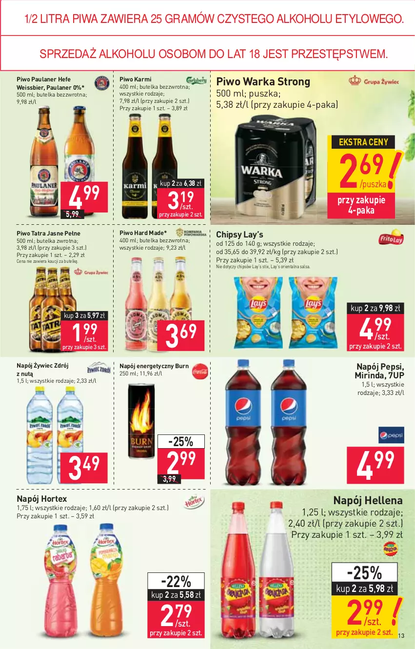 Gazetka promocyjna Stokrotka - Market - ważna 10.11 do 17.11.2021 - strona 13 - produkty: 7up, Chipsy, Gra, Hellena, Hortex, Karmi, Lay’s, Mirinda, Napój, Napój energetyczny, Pepsi, Piwa, Piwo, Salsa, Tatra, Warka