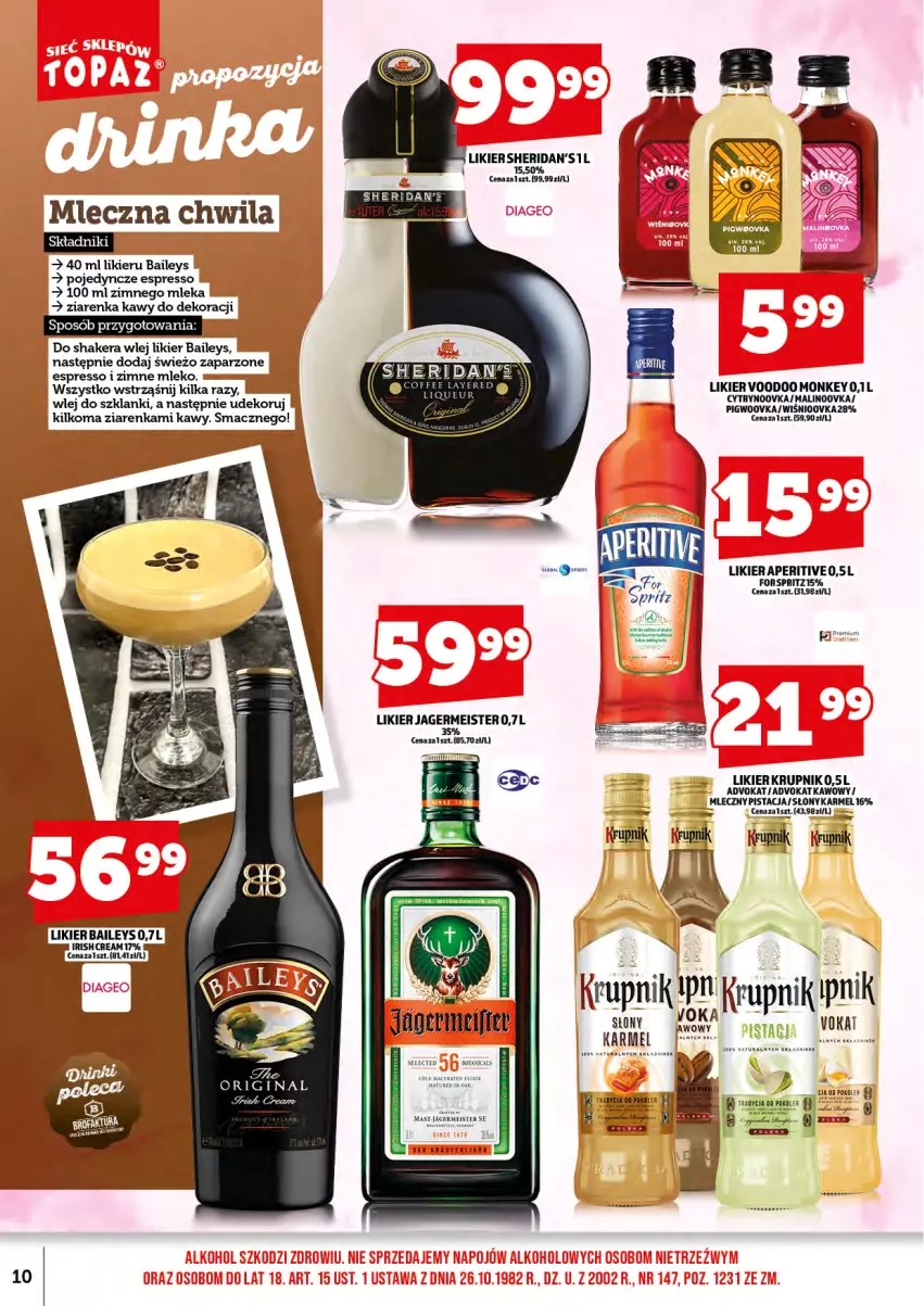 Gazetka promocyjna Topaz - Gazetka - ważna 01.10 do 16.10.2025 - strona 12 - produkty: Acer, Gin, Jagermeister, Krupnik, Lanki, Likier, Miecz, Mleko, Sheridan's
