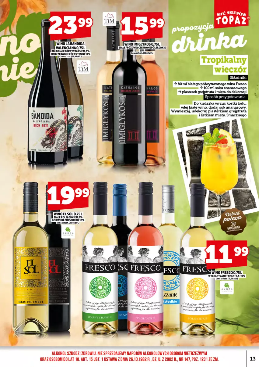 Gazetka promocyjna Topaz - Gazetka - ważna 01.10 do 16.10.2025 - strona 15 - produkty: Ananas, Bandi, Fa, Fresco, Grejpfrut, Mięta, Ocet, Plasterki, Sok, Wino