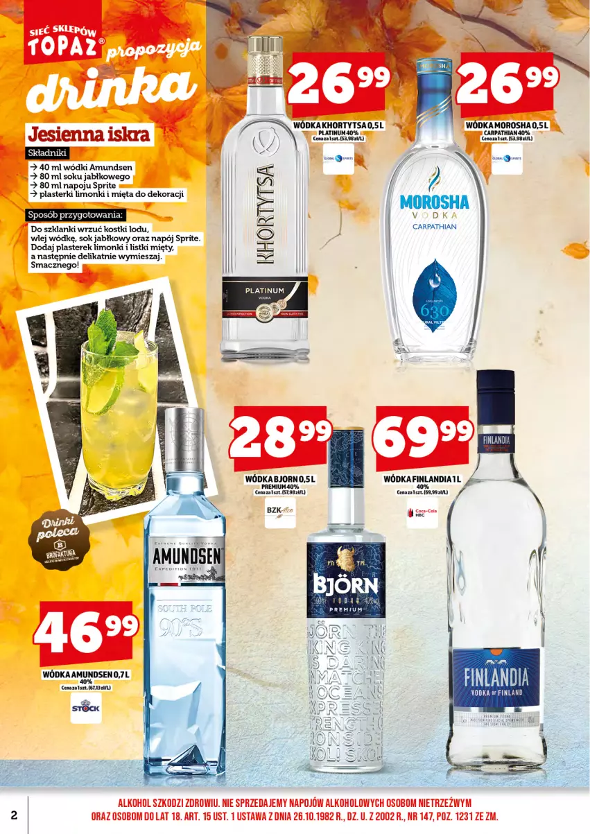 Gazetka promocyjna Topaz - Gazetka - ważna 01.10 do 16.10.2025 - strona 4 - produkty: Amundsen, Mięta, Napój, Plasterki, Sok, Sok jabłkowy, Sprite, Wódka