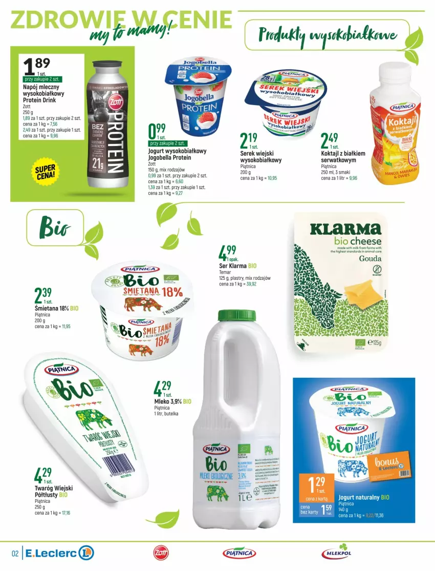 Gazetka promocyjna E Leclerc - ważna 19.10 do 06.11.2021 - strona 2 - produkty: Bell, Bella, Fa, Gouda, Jogobella, Jogurt, Jogurt naturalny, Mleko, Napój, Napój mleczny, Piątnica, Ser, Serek, Serek wiejski, Sok, Twaróg, Zott