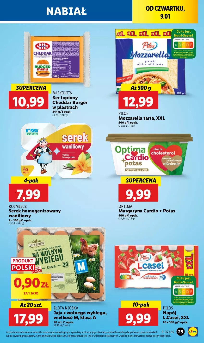 Gazetka promocyjna Lidl - GAZETKA - ważna 09.01 do 11.01.2025 - strona 31 - produkty: Burger, Cheddar, Jaja, Jaja z wolnego wybiegu, Margaryna, Mleko, Mlekovita, Mozzarella, Napój, Optima, Pilos, Rolmlecz, Ser, Ser topiony, Serek, Serek homogenizowany, Tarta, Top