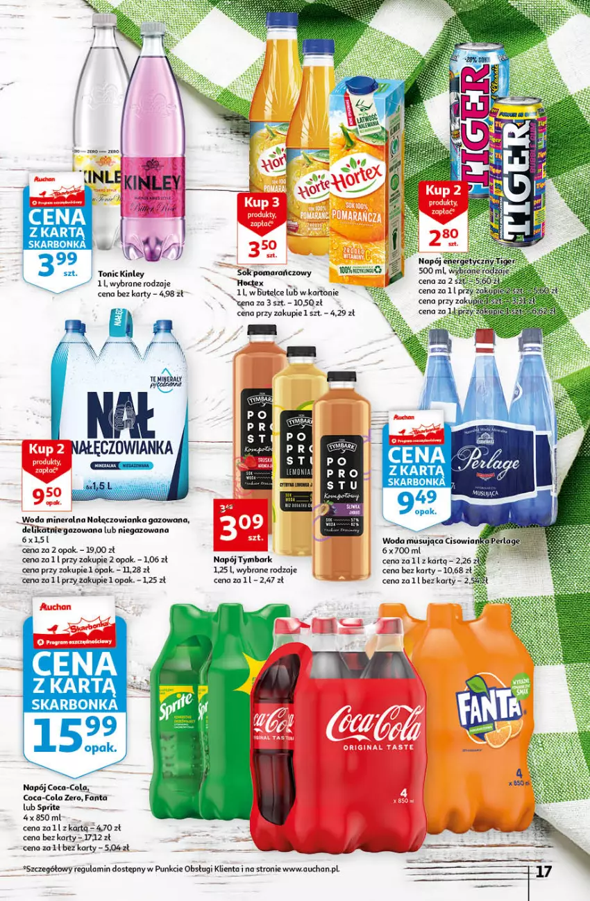 Gazetka promocyjna Auchan - przeNISKIE CENY Prze SŁONECZNE oferty Hipermarkety - ważna 30.06 do 06.07.2022 - strona 17 - produkty: Coca-Cola, Fa, Fanta, Hortex, Mus, Nałęczowianka, Napój, Sok, Sok pomarańczowy, Sprite, Tymbark, Woda, Woda mineralna