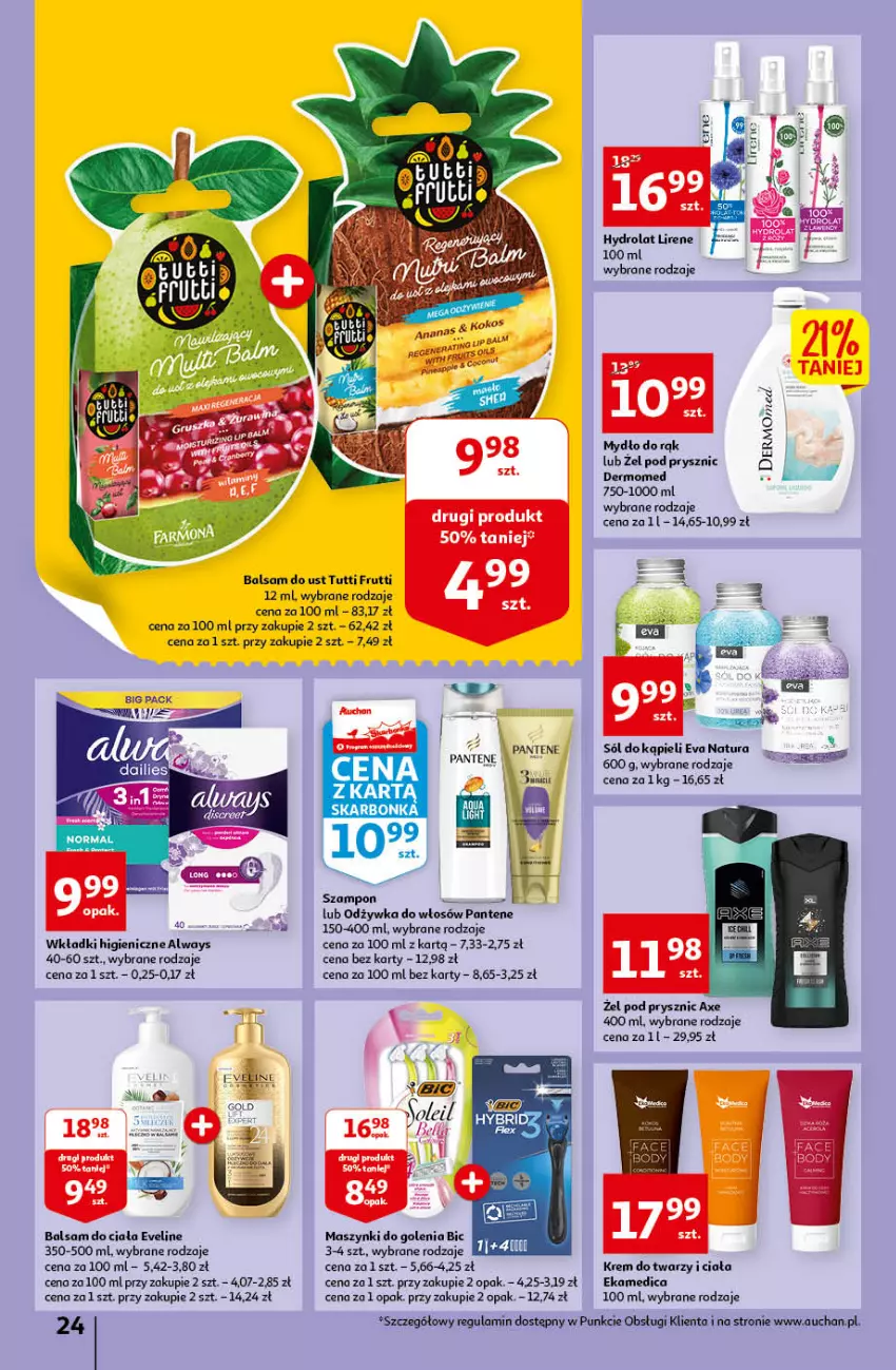 Gazetka promocyjna Auchan - przeNISKIE CENY Prze SŁONECZNE oferty Hipermarkety - ważna 30.06 do 06.07.2022 - strona 24 - produkty: Always, Balsam do ciała, Balsam do ust, BIC, Eveline, Koc, Krem do twarzy, Lirene, Mydło, Odżywka, Pantene, Sól, Sól do kąpieli, Wkładki