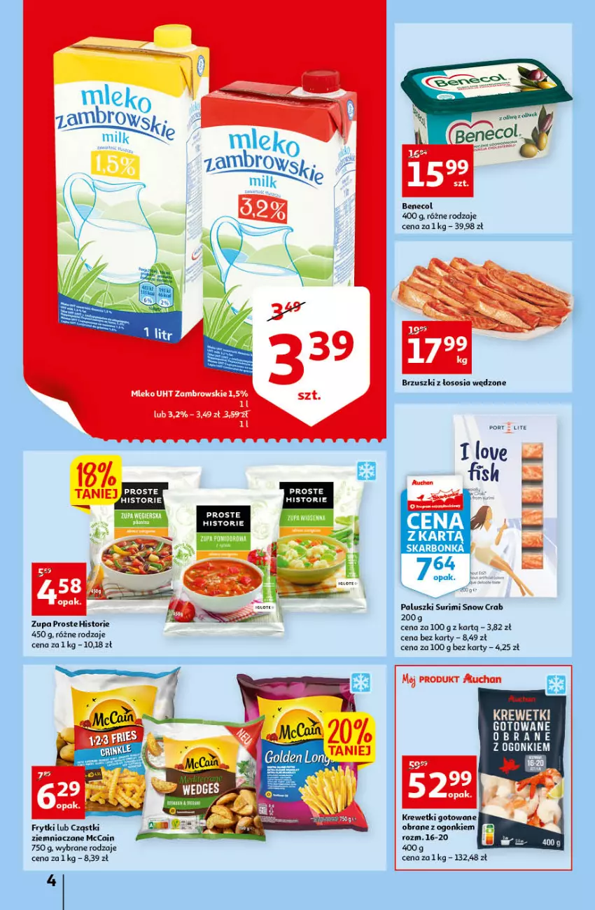 Gazetka promocyjna Auchan - przeNISKIE CENY Prze SŁONECZNE oferty Hipermarkety - ważna 30.06 do 06.07.2022 - strona 4 - produkty: Benecol, Frytki, Krewetki, McCain, Mleko, Surimi, Zupa