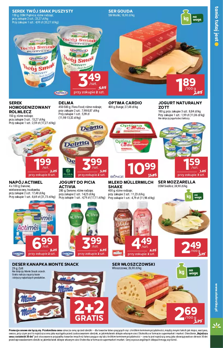 Gazetka promocyjna Stokrotka - Supermarket - ważna 29.12.2025 do 07.01.2026 - strona 21 - produkty: Actimel, Activia, Danone, Delma, Deser, Flora, Gouda, Gra, Jogurt, Jogurt naturalny, Mięso, Mleko, Monte, Mozzarella, Müller, Müllermilch, Napój, Optima, Optima Cardio, Owoce, Piątnica, Rolmlecz, Ser, Serek, Serek homogenizowany, Twój Smak, Warzywa, Włoszczowski, Zott
