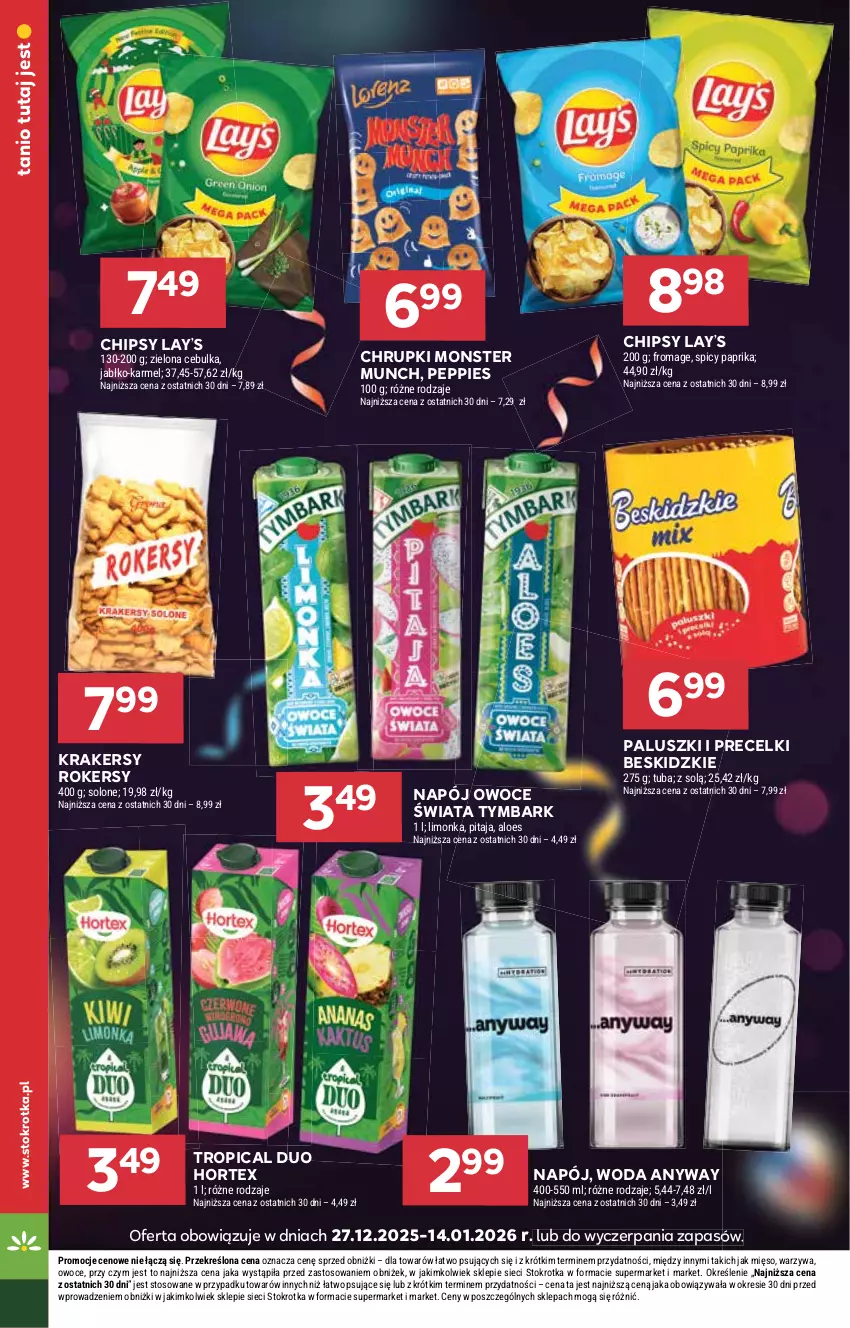 Gazetka promocyjna Stokrotka - Supermarket - ważna 29.12.2025 do 07.01.2026 - strona 28 - produkty: Beskidzki, Chipsy, Chrupki, Hortex, Krakersy, Lay’s, Limonka, Mięso, Monster Munch, Napój, Owoce, Precelki, Tropical, Tymbark, Warzywa, Woda