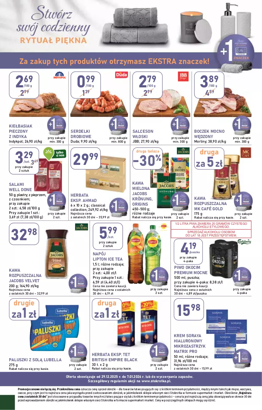 Gazetka promocyjna Stokrotka - Supermarket - ważna 29.12.2025 do 07.01.2026 - strona 32 - produkty: Basia, Bell, Bella, Boczek, Brit, Duda, Gin, Gra, Herbata, Ice tea, Jacobs, Jacobs Krönung, Jacobs Velvet, Kawa, Kawa mielona, Kawa rozpuszczalna, Koc, Lack, Lipton, Lubella, Mięso, Morliny, Napój, Okocim, Owoce, Piec, Pieprz, Piwa, Piwo, Salami, Salceson, Ser, Serdelki, Velvet, Warzywa