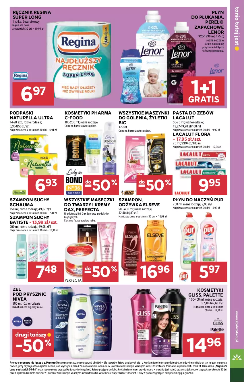 Gazetka promocyjna Stokrotka - Supermarket - ważna 29.12.2025 do 07.01.2026 - strona 33 - produkty: Batiste, BIC, DAX, Elseve, Flora, Gin, Gra, Lacalut, Lenor, Mięso, Naturell, Naturella, Nivea, Odżywka, Owoce, Palette, Pasta do zębów, Perełki zapachowe, Perfecta, Płyn do płukania, Podpaski, Pur, Ręcznik, Schauma, Szampon, Warzywa