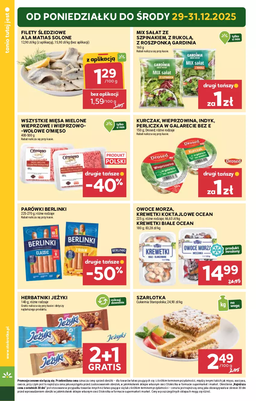 Gazetka promocyjna Stokrotka - Supermarket - ważna 29.12.2025 do 07.01.2026 - strona 4 - produkty: Berlinki, Cukier, Gala, Gra, Herbatniki, Jeżyki, Krewetki, Kurczak, Mięso, Owoce, Owoce morza, Parówki, Perliczka, Sałat, Szarlotka, Szpinak, Warzywa, Wieprzowina