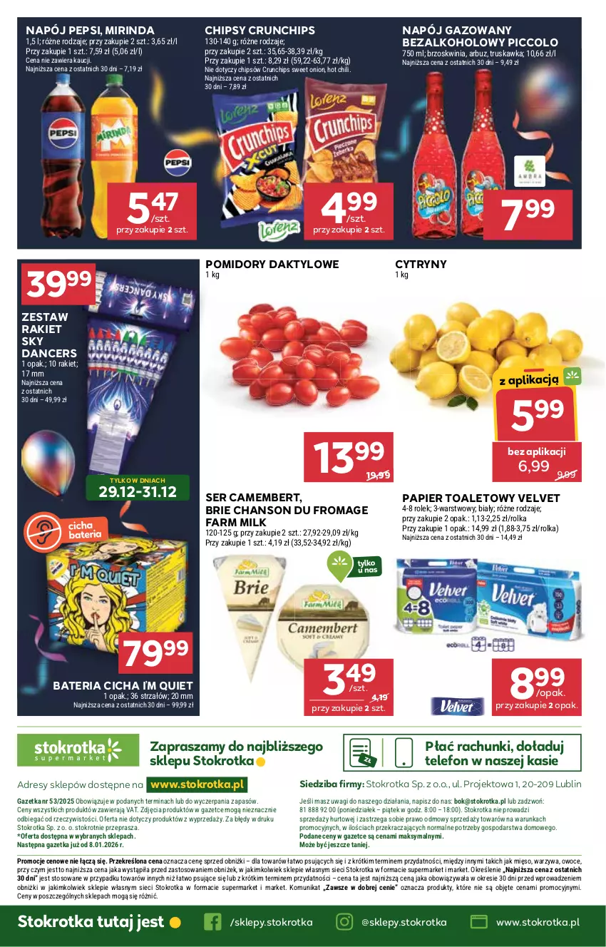 Gazetka promocyjna Stokrotka - Supermarket - ważna 29.12.2025 do 07.01.2026 - strona 43 - produkty: Arbuz, Bateria, Brie, Camembert, Chipsy, Crunchips, Cytryny, Dres, Fa, Farm Milk, JBL, Mięso, Mirinda, Napój, Napój gazowany, O nas, Owoce, Papier, Papier toaletowy, Pepsi, Pomidory, Ser, Strzałów, Telefon, Velvet, Wagi, Warzywa