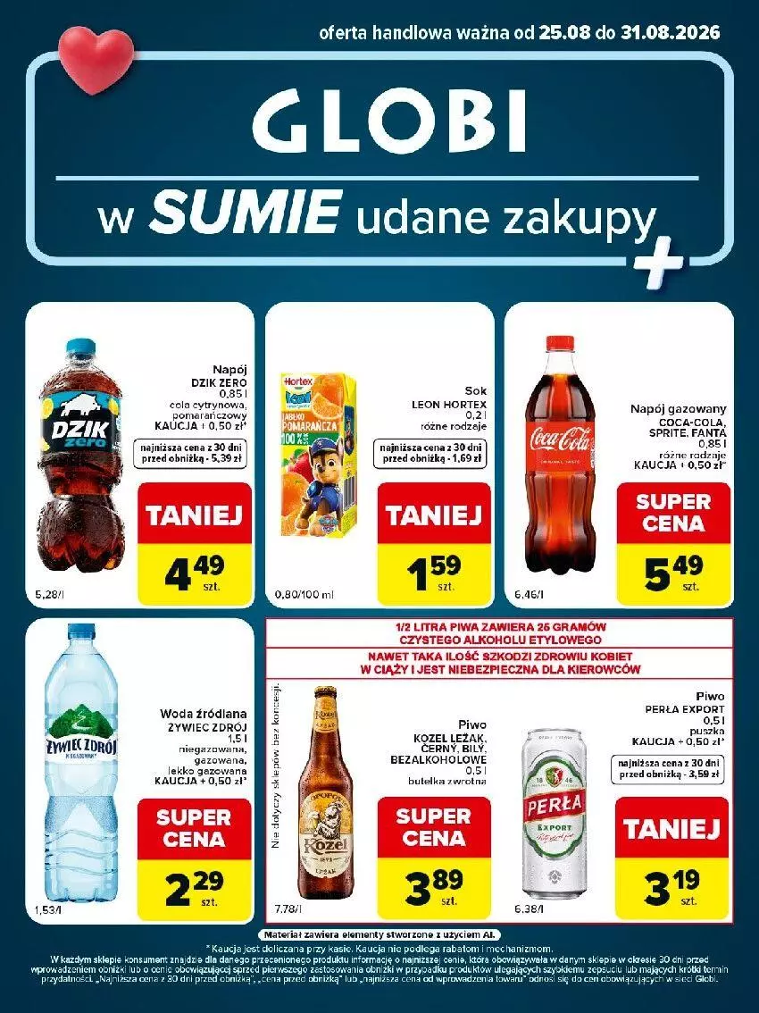 Gazetka promocyjna Carrefour - Gazetka Globi w SUMIE udane zakupy - ważna 25.08 do 31.08.2026 - strona 1 - produkty: AEG, Coca-Cola, Fa, Fanta, Gra, Kozel, LANA, Leon, Napój, Perła, Piwa, Por, Sprite, Woda