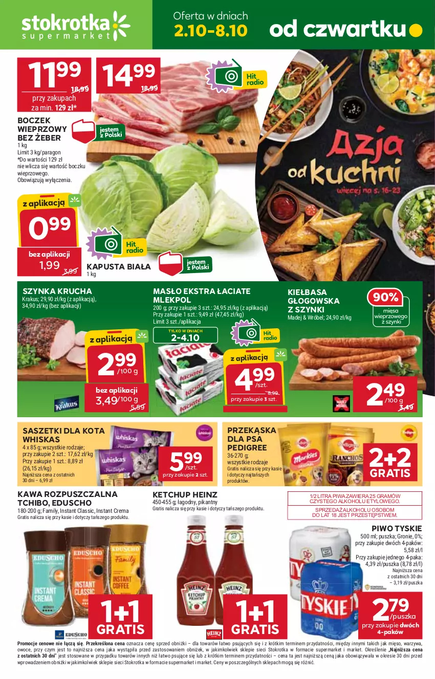 Gazetka promocyjna Stokrotka - Supermarket - ważna 02.10 do 08.10.2025 - strona 1 - produkty: Boczek, Boczek wieprzowy, Fa, Gra, Heinz, Kawa, Kawa rozpuszczalna, Ketchup, Kiełbasa, Kiełbasa głogowska, Krakus, Masło, Mięso, Owoce, Pedigree, Piwa, Piwo, Szynka, Tchibo, Tyskie, Warzywa, Whiskas