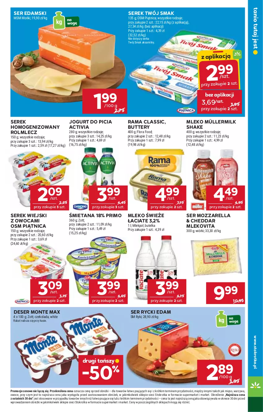 Gazetka promocyjna Stokrotka - Supermarket - ważna 02.10 do 08.10.2025 - strona 17 - produkty: Activia, Aksam, Cheddar, Czekolada, Deser, Edam, Flora, Jogurt, Mięso, Mleko, Mlekovita, Monte, Mozzarella, Müller, Owoce, Piątnica, Rama, Rolmlecz, Rycki Edam, Ser, Serek, Serek homogenizowany, Serek wiejski, Twój Smak, Warzywa, Zott