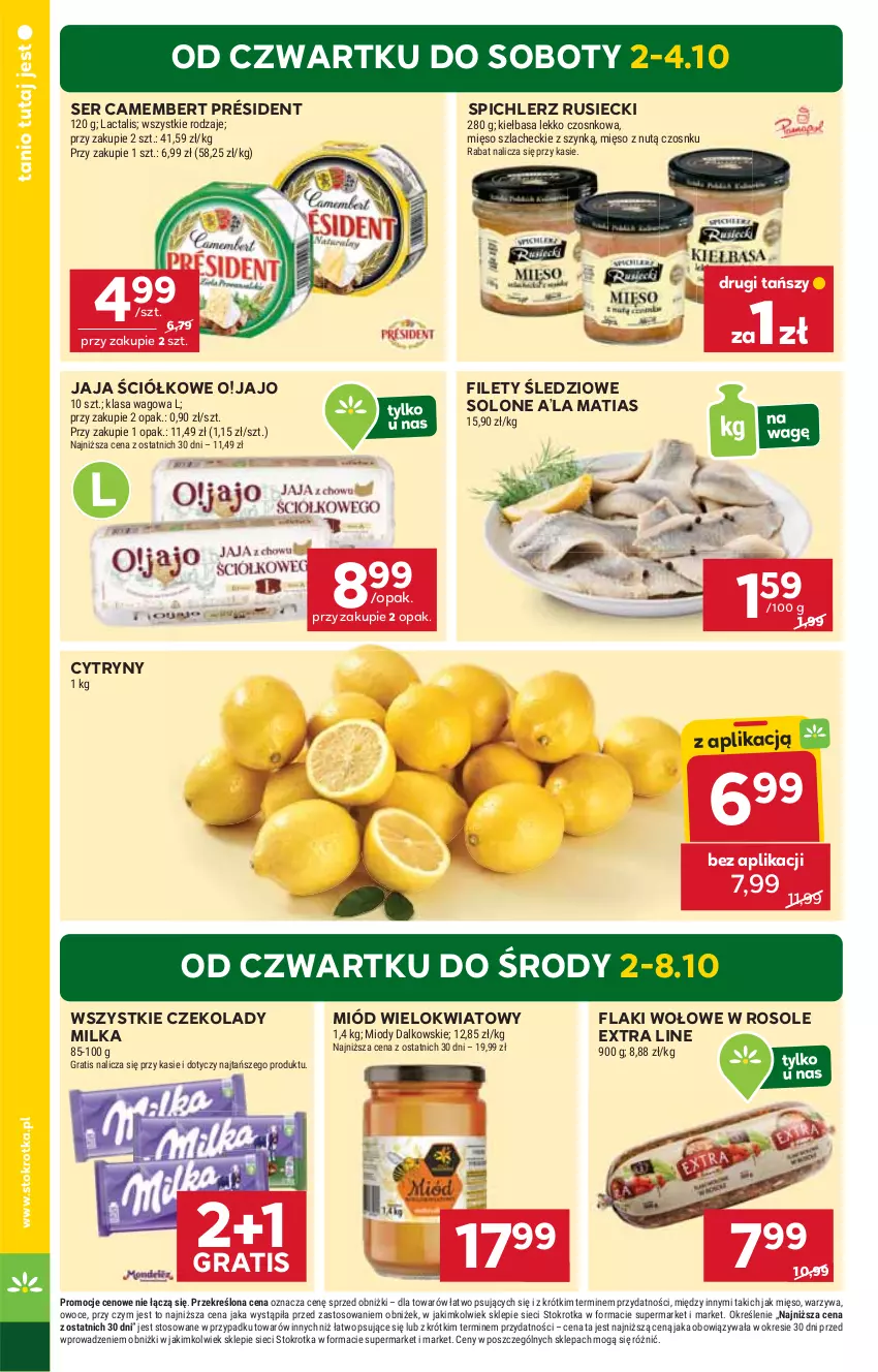 Gazetka promocyjna Stokrotka - Supermarket - ważna 02.10 do 08.10.2025 - strona 2 - produkty: Camembert, Cytryny, Flaki, Flaki wołowe, Gra, Jaja, Kiełbasa, Mięso, Milka, Miód, Owoce, Président, Ser, Spichlerz Rusiecki, Warzywa