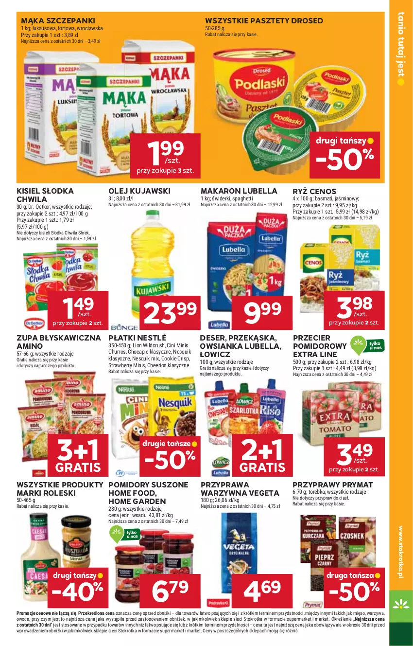 Gazetka promocyjna Stokrotka - Supermarket - ważna 02.10 do 08.10.2025 - strona 21 - produkty: Bell, Bella, Cenos, Cheerios, Cini Minis, Deser, Dr. Oetker, Gra, Kisiel, Kujawski, Lion, Lubella, Mąka, Makaron, Mięso, Nesquik, Nestlé, Olej, Owoce, Owsianka, Pasztet, Pomidory, Prymat, Przyprawy, Ryż, Ser, Słodka Chwila, Spaghetti, Torebka, Vegeta, Warzywa, Zupa