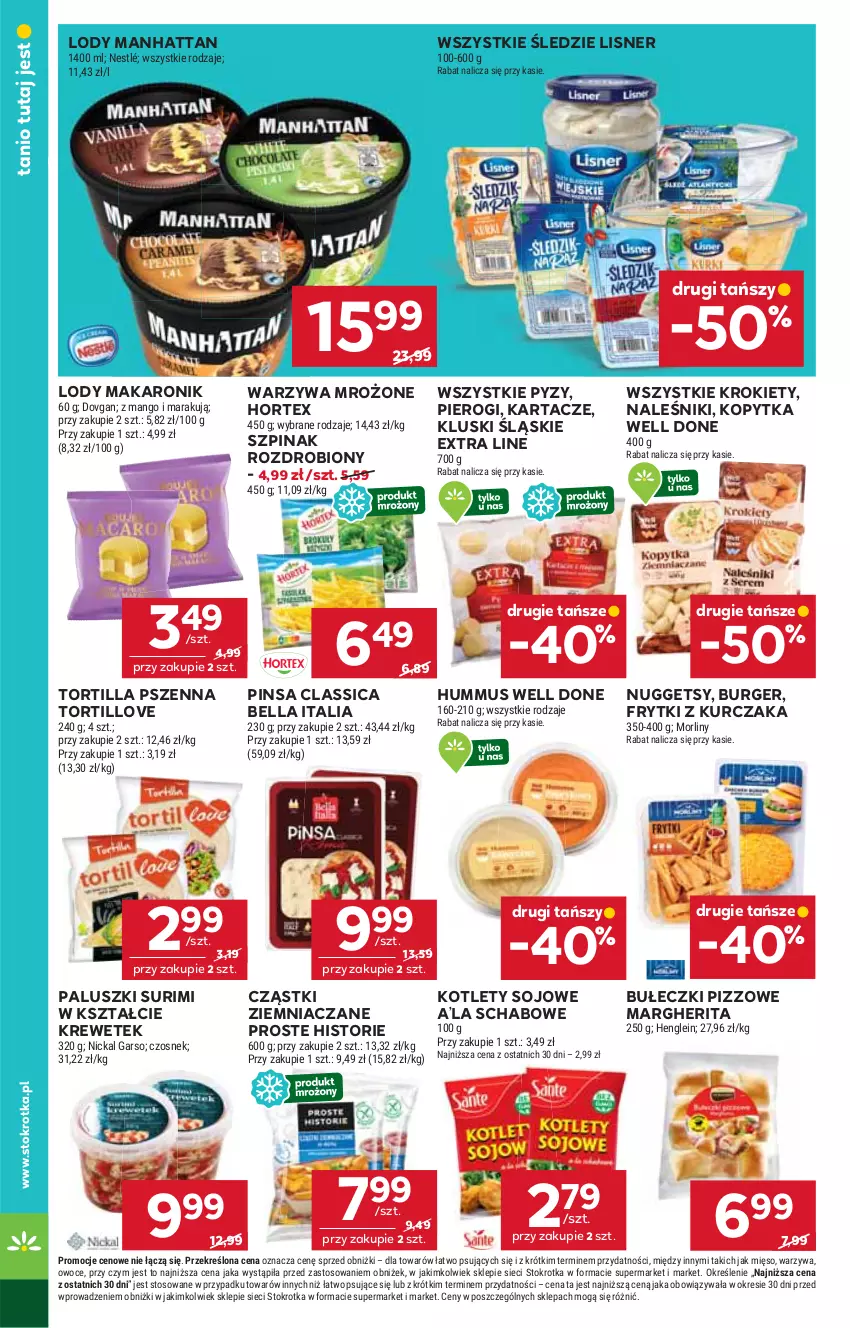 Gazetka promocyjna Stokrotka - Supermarket - ważna 02.10 do 08.10.2025 - strona 22 - produkty: Bell, Bella, Bułeczki, Burger, Czosnek, Frytki, Hortex, Hummus, Kopytka, Kotlet, Krokiety, Kurczak, Lisner, Lody, Makaron, Mango, Mięso, Morliny, Mus, Naleśniki, Nestlé, Owoce, Pierogi, Surimi, Szpinak, Tortilla, Warzywa