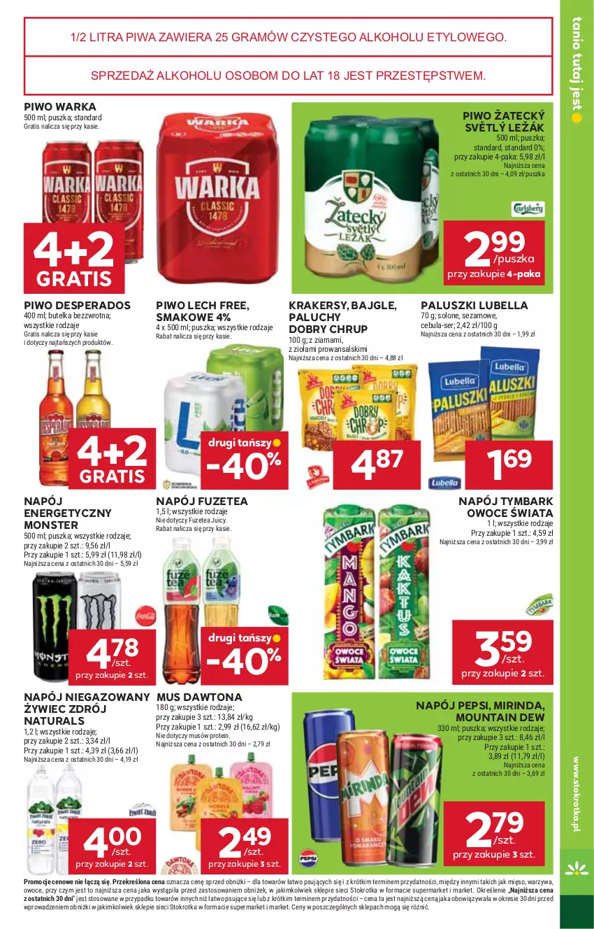 Gazetka promocyjna Stokrotka - Supermarket - ważna 02.10 do 08.10.2025 - strona 23 - produkty: Bajgle, Bell, Bella, Cebula, Dawtona, Desperados, Gra, Krakersy, Lubella, Mięso, Mirinda, Mus, Napój, Napój energetyczny, Napój niegazowany, Owoce, Pepsi, Piwa, Piwo, Ser, Sezam, Tymbark, Warka, Warzywa