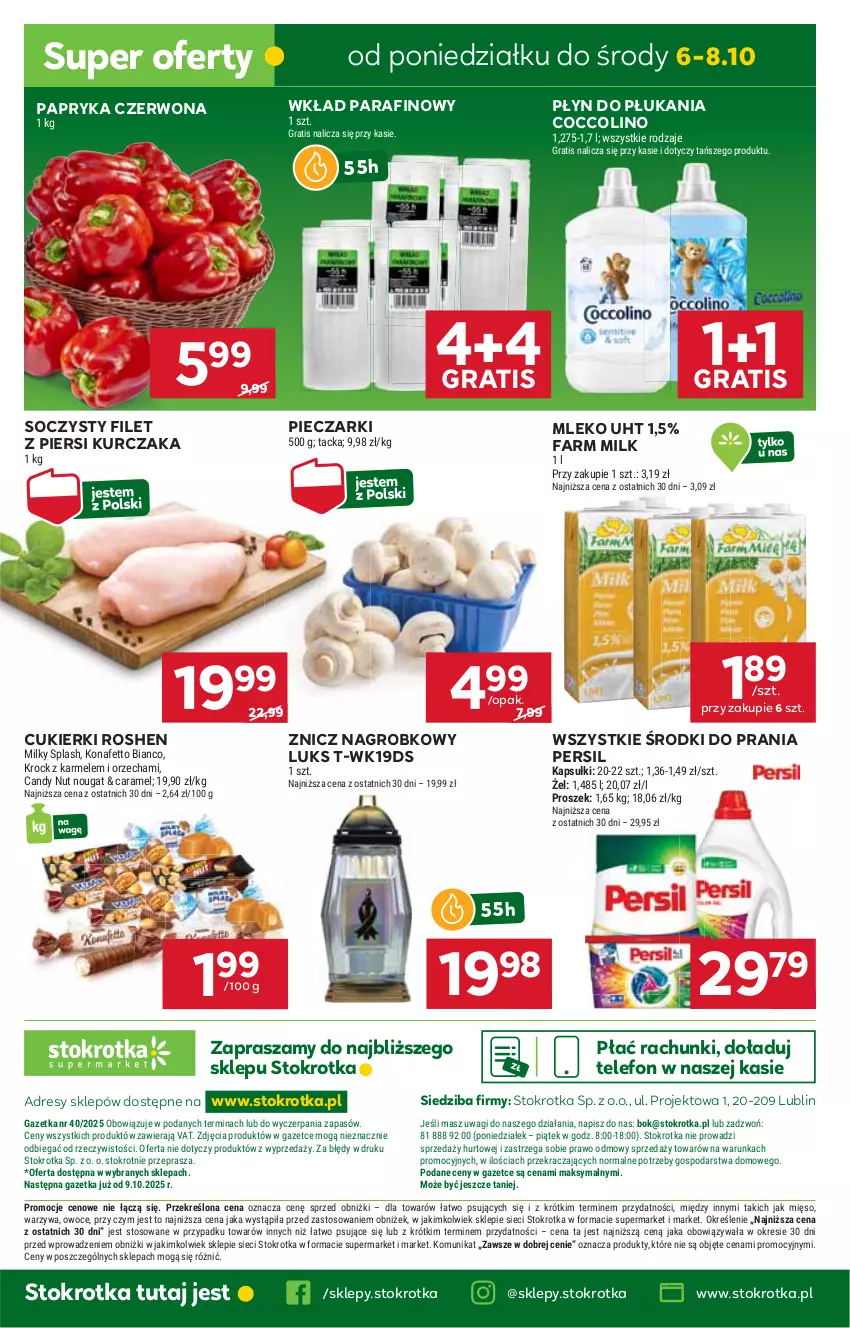Gazetka promocyjna Stokrotka - Supermarket - ważna 02.10 do 08.10.2025 - strona 49 - produkty: Candy, Coccolino, Cukier, Cukierki, Dres, Fa, Farm Milk, Filet z piersi kurczaka, Gra, JBL, Kurczak, Mięso, Mleko, O nas, Owoce, Papryka, Papryka czerwona, Persil, Piec, Płyn do płukania, Telefon, Wagi, Warzywa, Znicz