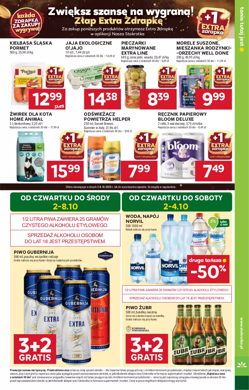 Gazetka promocyjna Stokrotka - Supermarket - ważna 02.10 do 08.10.2025 - strona 5 - produkty: Gra, Gry, Jaja, Kiełbasa, Kiełbasa śląska, Mięso, Napój, Odświeżacz powietrza, Owoce, Papier, Piec, Piwa, Piwo, Por, Ręcznik, Rodzynki, Rolki, Warzywa, Woda