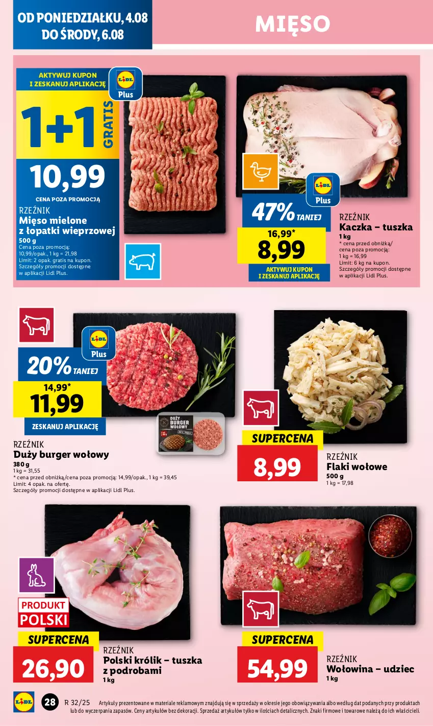 Gazetka promocyjna Lidl - GAZETKA - ważna 04.08 do 06.08.2025 - strona 32 - produkty: Burger, Flaki, Flaki wołowe, Gra, Kaczka, Królik, Mięso, Mięso mielone, Mięso mielone z łopatki wieprzowej, Tusz, Wołowina