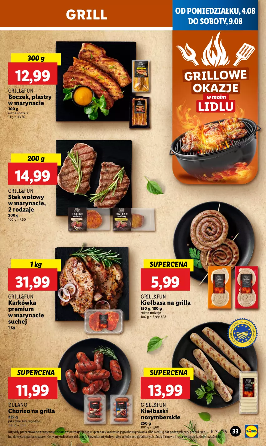 Gazetka promocyjna Lidl - GAZETKA - ważna 04.08 do 06.08.2025 - strona 39 - produkty: Boczek, Dulano, Grill, Kiełbasa, Stek, Stek wołowy