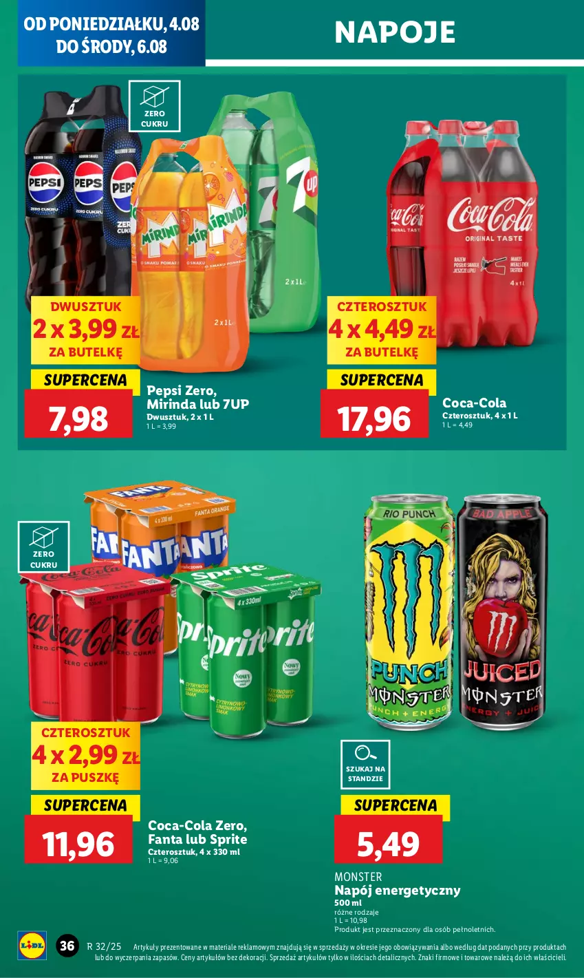 Gazetka promocyjna Lidl - GAZETKA - ważna 04.08 do 06.08.2025 - strona 42 - produkty: 7up, Coca-Cola, Fa, Fanta, Mirinda, Napój, Napój energetyczny, Napoje, Pepsi, Sprite