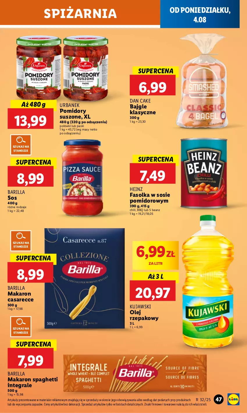 Gazetka promocyjna Lidl - GAZETKA - ważna 04.08 do 06.08.2025 - strona 55 - produkty: Bajgle, Barilla, Dan Cake, Fa, Gra, Heinz, Kujawski, Makaron, Olej, Olej rzepakowy, Pomidory, Sos, Spaghetti