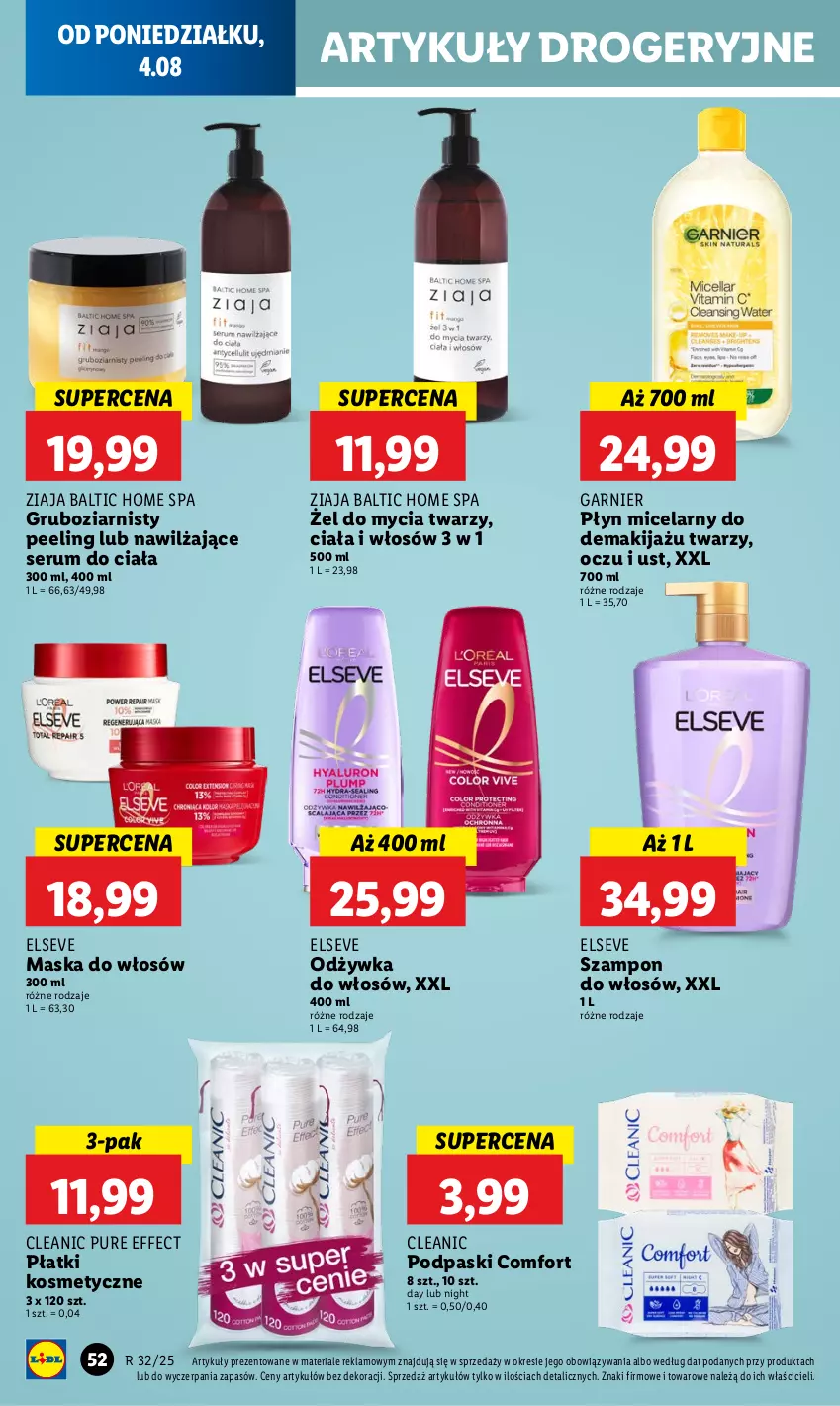 Gazetka promocyjna Lidl - GAZETKA - ważna 04.08 do 06.08.2025 - strona 60 - produkty: Cleanic, Elseve, Garnier, Makijaż, Maska, Maska do włosów, Odżywka, Peeling, Płatki kosmetyczne, Płyn micelarny, Podpaski, Pur, Rum, Ser, Serum, Szampon, Ziaja